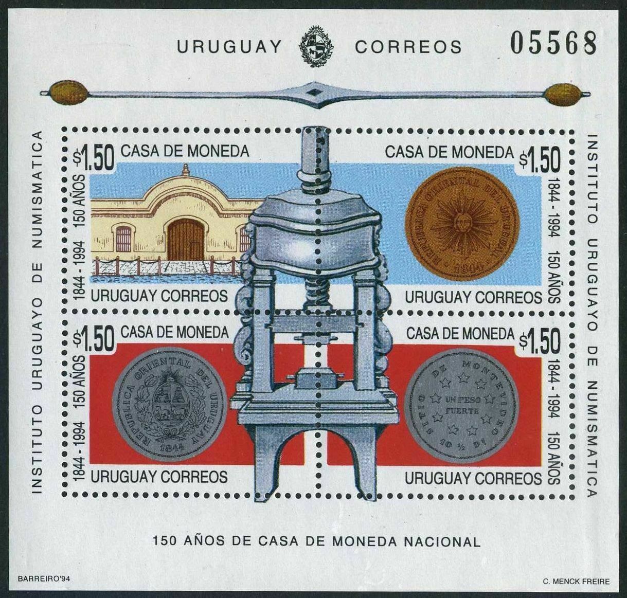 Uruguay 1550,1550a,mnh.mi 2062-2065 Bl.65. Portions Of Old Coin Press,1994.coins