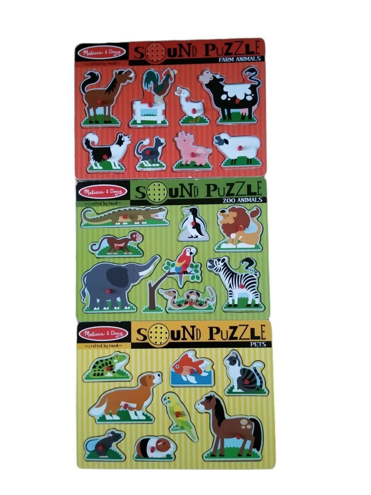 Lot Of  3 Melissa & Doug Sound Wooden Puzzles, Farm, Pet, Zoo